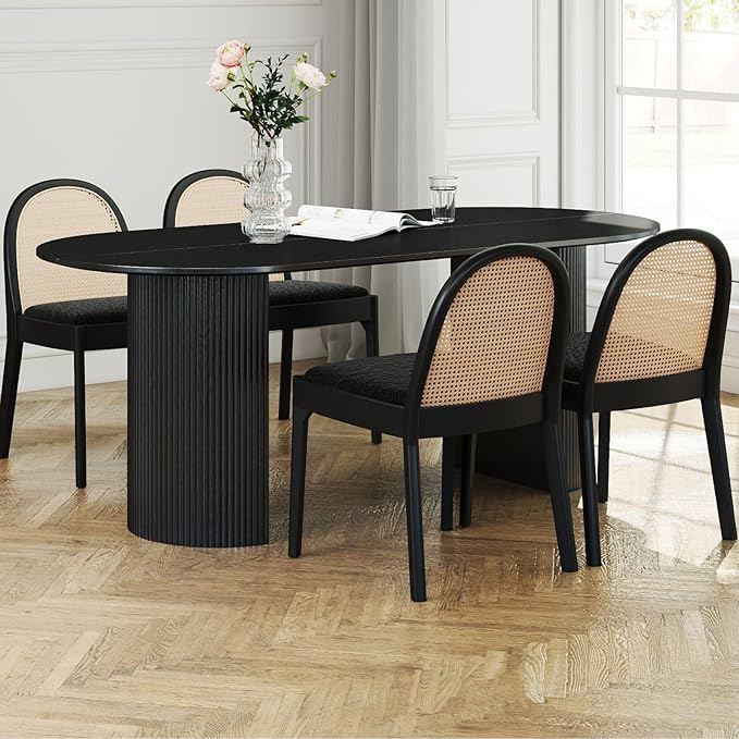 LukeAlon Modern Sherpa Dining Chairs Set of 4, Natural Woven Rattan Cane Back Side Chairs with Solid Wood Legs Mid Century Dinner Chairs for Kitchen Living Room, Black