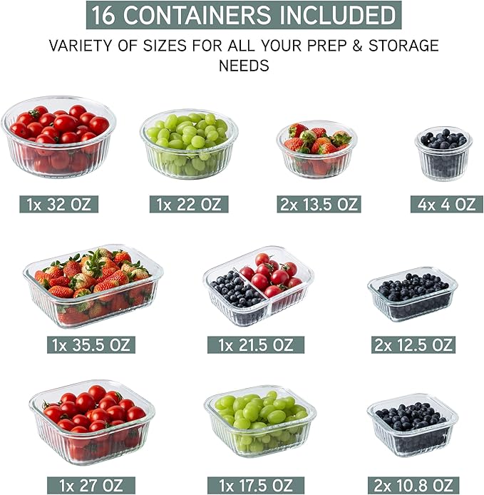 COOK WITH COLOR Premium 32-Pc. Borosilicate Glass Food Container Set with Dividers - 4 Rectangles, 8 Rounds, 4 Squares - Leakproof Lids - Meal Prep, Storage, Fluted Ombre Green