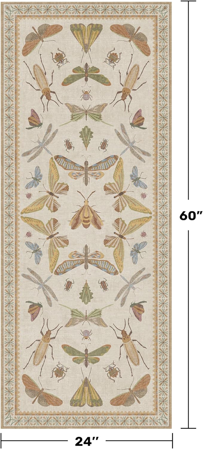 Boho 2x5 Long Bathroom Rug - Laundry Room Rug Runner for Kitchen, Washable Non Slip Soft Stain Reistant Beige and Yellow Neutral Insect Design Decor
