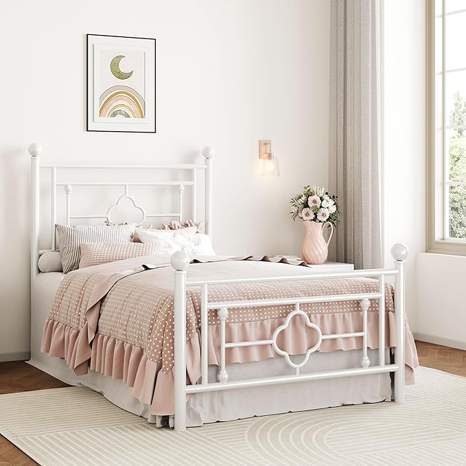 SHA CERLIN 14 Inches Twin Size Metal Platform Bed Frame/Vintage Iron-Art Headboard and Footboard/Mattress Foundation for Storage/No Box Spring Needed/Noise-Free/Easy Assembly/White