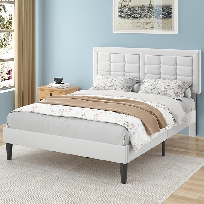VECELO Full Size Bed Frame with Adjustable Headboard, Upholstered Button Tufted Platform Bedframe with Wood Slats Support, No Box Spring Needed, Linen & White