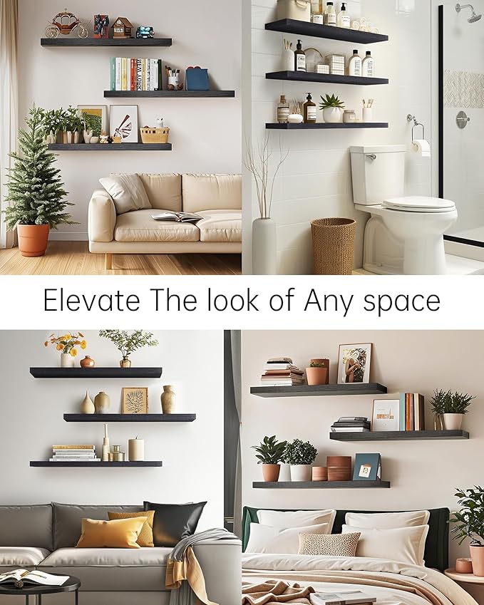 BAYKA Floating Shelves for Wall, 36 inches Long Wall Mounted Rustic Wood Shelves for Bathroom, Bedroom, Living Room, for Book/Storage/Decor with 30lbs Capacity - Black,Set of 3