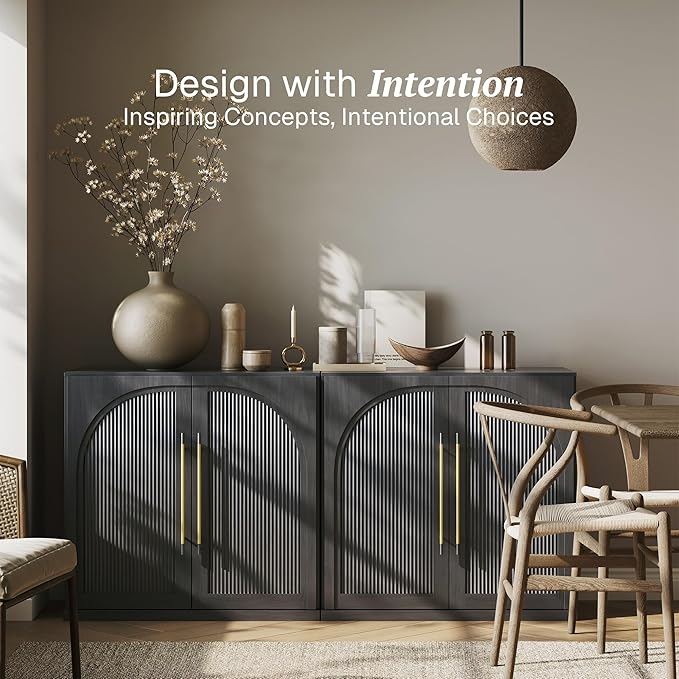 BELLEZE Set of 2 Modular Sideboard with Double-Arc Wood Doors, Small Arched Buffet Cabinet with Storage and Adjustable Shelves, Classic Modern Credenza for Dining Room, Living Room or Entryway(Ebony)