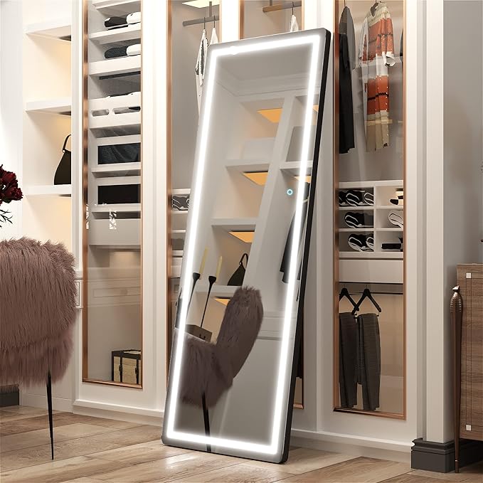 Hasipu Full Length Mirror with Lights, 65" x 22" LED Floor Mirror, Full Body Dressing Standing, Hanging Mounted Mirror for Living Room Bedroom Cloakroom, Round Black