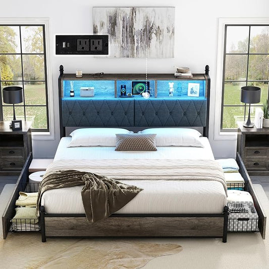 AMERLIFE King Size Bed Frame with Bookcase Headboard and 4 Storage Drawers, Wooden Platform Bed with Charging Station and LED Light, No Box Spring Needed/Noise-Free, Gray