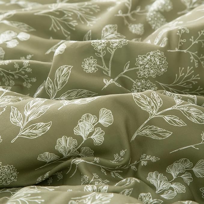 EAVD Fresh Botanical Floral Comforter Set King Dark Olive Green Soft Microfiber Chic Cute Garden Floral Bedding Comforter Set 1 King Comforter and 2 Pillowcases Botanical Comforter for All-Season