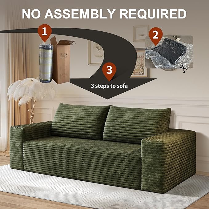71" Corduroy Loveseat Sofa, 3-Seater Cloud Couch, Boneless Couch in a Box, Comfy Deep Seat Sofa with Memory Foam, Pillows and Wide Armrests, Modern Small Couches for Small Spaces, No Assembly (Green)