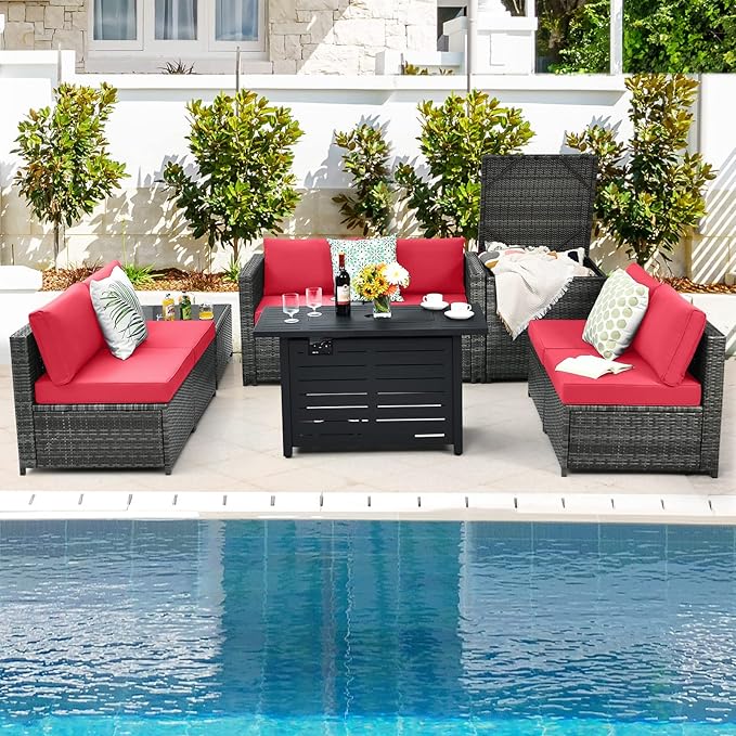 HAPPYGRILL 8 Piece Patio Furniture Set Outdoor PE Rattan Conversation Set with Storage Box, Sectional Wicker Sofa Set with Coffee Table and Cushions for Garden Backyard