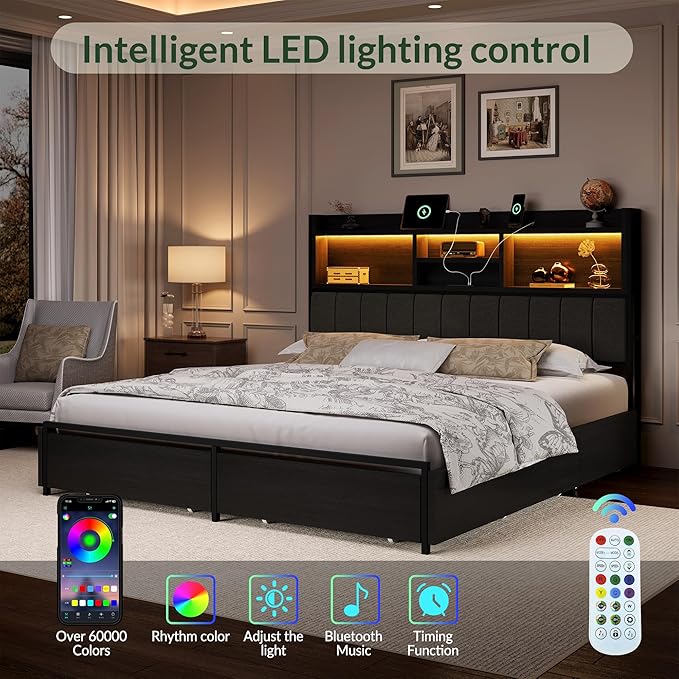 LARMACE King Bed Frame with 6 Storage Drawers, Bed Frame King Size with Linen Upholstered Headboard, Built in Charging Station and LED, No Noise, Metal Support, No Box Spring Needed,Vintage Black