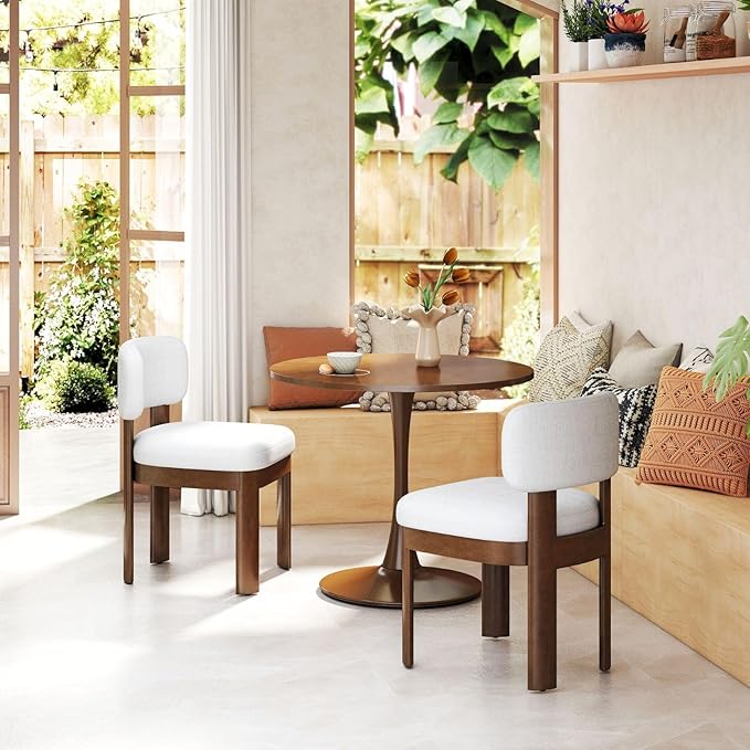 Beige Dining Chairs Set of 6 Mid Century Modern Upholstered Dining Room Chairs with Curved Backrest and Wooden Legs for Kitchen Island, Dining Room