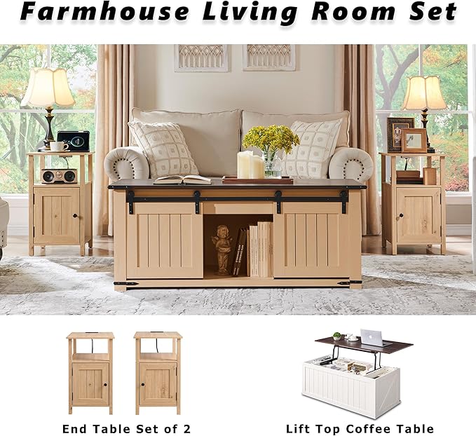 Farmhouse Nightstand Set of 2, End Table with Charging Station, Rustic Side Table w/Barn Door & Open Shelves, Bedside Table w/Storage Space and Storage Cabinet for Bedroom, Living Room (Natural)