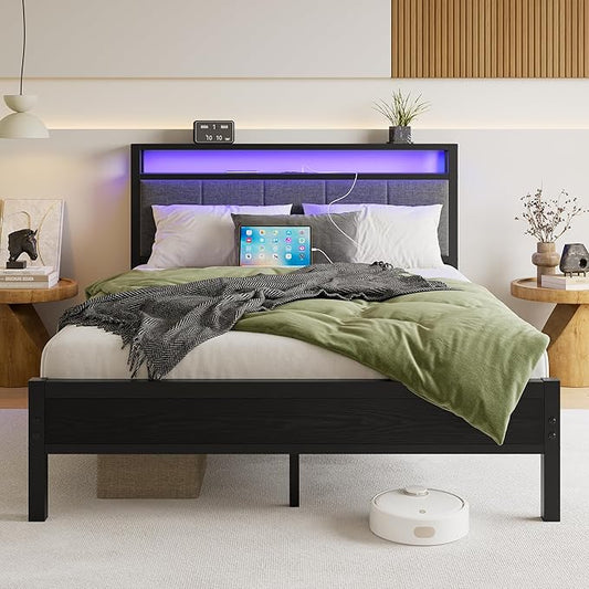 Queen Bed Frame with Headboard Storage,Upholstered Platform Bed Frame Queen Size with Charging Station and LED Lights No Box Spring Needed,Heavy Duty Steel Slats,Noise Free,Dark Grey