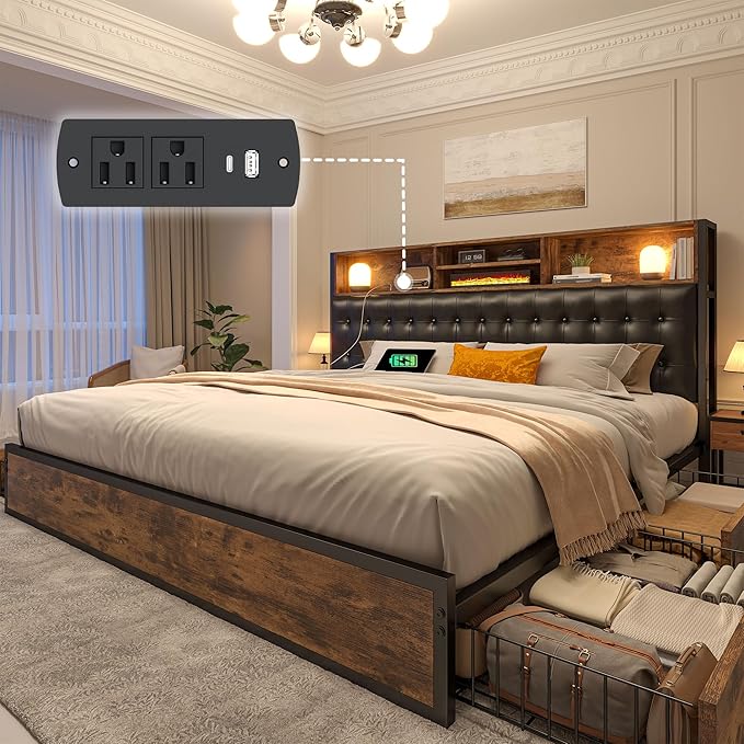 EnHomee King Size Bed Frame with 4 Storage Drawers, King Bed Frame and Headboard Built in Charging Station,No Noise,No Box Spring Needed,Vintage Brown