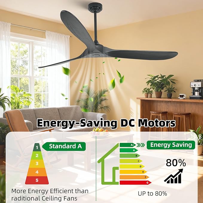Ceiling Fan Without Light, 72 Inch Smart Wood Ceiling Fan no Lights, Compatible with Alexa/Google, 3 Natural Walnut Black Blades, Remote, Quiet Reversible DC Motor for Indoor Outdoor