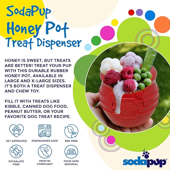 SodaPup Honey Pot – Durable Dog Treat Dispenser & Enrichment Toy Made in USA from Non-Toxic, Pet Safe, Food Safe Natural Rubber Material for Mental Stimulation, Problem Chewing, Calming Nerves, & More