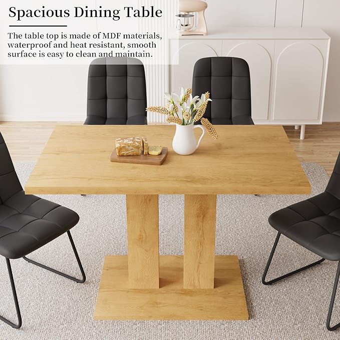 Dining Table Set for 4-6 People, 46 Inch Modern MDF Oak Kitchen Table with 4 Faux Leather Chairs, Rectangular Dining Room Table Set for Home, Small Spaces, Breakfast Nook (Oak Table + 4 Black Chairs)