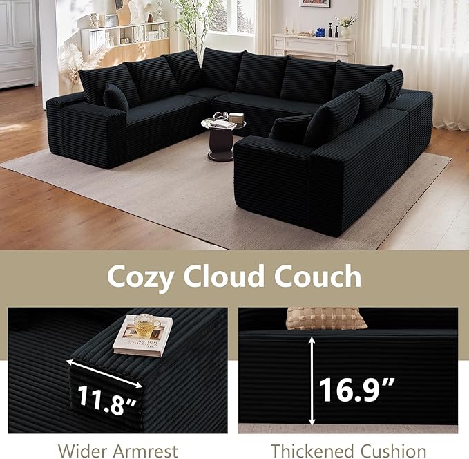 Sectional Cloud Couch for Living Room, Big Comfy Corduroy Couches Set with Fluffy Memory Foam, Modular Floor Deep-Seat Sofa, Stupendous U Shaped Sofas with 12 Pillows, No Assembly Required, Black