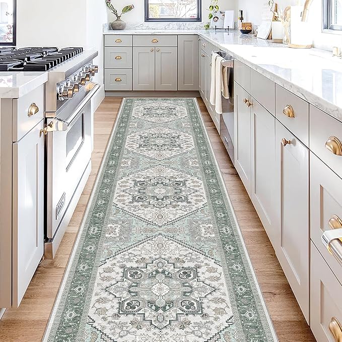 OPPODREAM Thin Entryway Rug 2x10, 2x10 Rug Runner, Washable Hallways Carpet 2 x 10 with Non Slip Backing, Low-Pile Bedside Carpet 2 x 10, Long, Faux Cashmere, Green