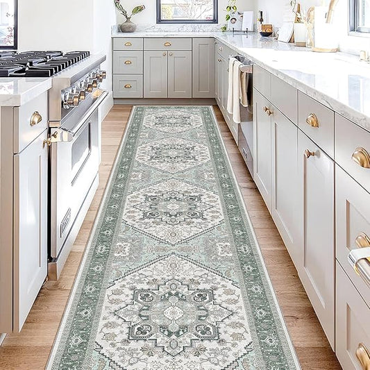 OPPODREAM Thin Entryway Rug 2x10, 2x10 Rug Runner, Washable Hallways Carpet 2 x 10 with Non Slip Backing, Low-Pile Bedside Carpet 2 x 10, Long, Faux Cashmere, Green