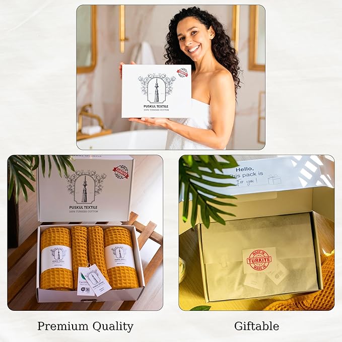 Püskül - Luxury Waffle Towel Set for Bathroom 4 Pieces Mustard, Premium Quality Organic 100% Turkish Cotton 2 Hand and 2 Bath Towels, Quick Dry Thin Waffle Towels, Made in Turkiye (Mustrad Yellow)