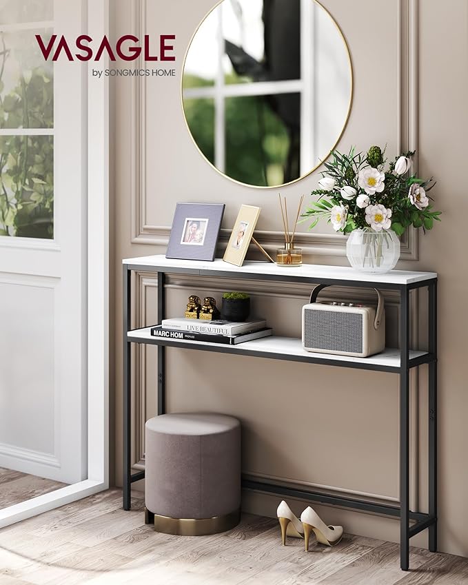 VASAGLE Console Table, 2-Tier Narrow Sofa Table with 2 Shelves, 7.9 x 39.4 x 31.5 Inches, for Living Room, Hallway, Entryway, Marble White and Ink Black ULNT131W59V1