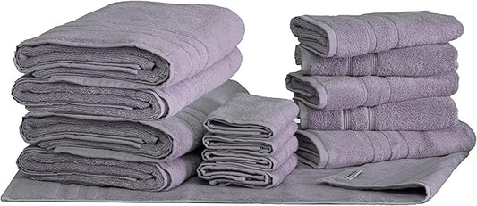 Mosobam Luxury Turkish 14pc Deluxe Bath Bundle Body Hand Face Towel and Mat Lavender Aura 700 GSM & 1000 GSM Bamboo Viscose & Aegean Turkish Combed Cotton