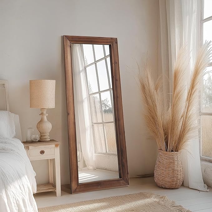 Rustic Floor Full Length Mirror Wood Frame, 56"X21" Farmhouse Free Standing Mirror for Bedroom Living Room Entryway, Hanging or Leaning Wall-Mounted, Tempered Glass, Brown