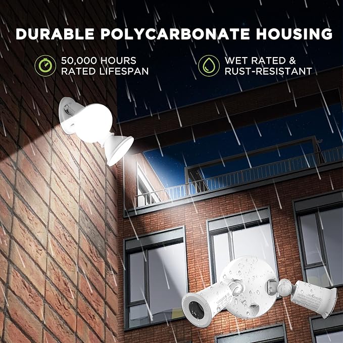 Two Head Par Light Holder with Dusk to Dawn Photocell UL Listed Outdoor Flood Light For Safety & Security 120V Twin Par Holder Use 2 PAR38 Bulbs up to 150W Each (Bulb sold separately) 1 Pack White