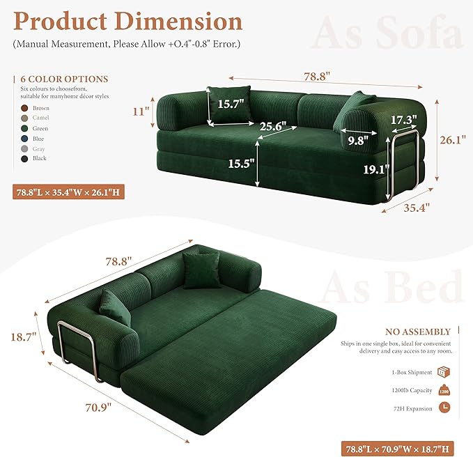 Boneless Couch Sectional Sofa,Convertible Sofa Bed with Sleeper Sofa,Futon Floor Couch Folding Sofas for Living Room,Bedroom,Apartment (Green, 78.8''W)