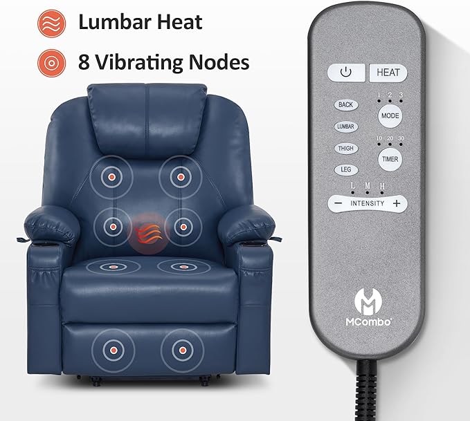 MCombo Oversized Power Lift Recliner Chair for Elderly, Lift Chair with Heat and Massage for Big and Tall, USB&Type C Ports, Cup Holders, Faux Leather R7510 (Blue, Large-Wide)