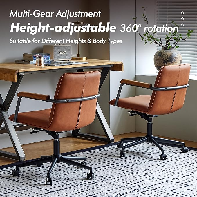 Home Office Desk Chair, Ergonomic Minimalist Faux Leather Swivel Chair with Oak Wood Armrests, Comfortable Task Chair for Computer or Study Room, 2 Pack, Rust Brown