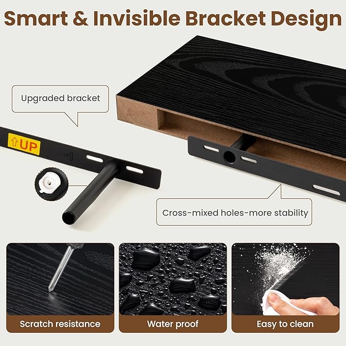 72 Inch Floating Shelves for Wall, 8 Inch Deep Floating Shelf for Storage & Display, Rustic Wall Mounted Shelf with Invisible Brackets for Living Room, Kitchen, Bathroom, Home Decor, Set of 2, Black