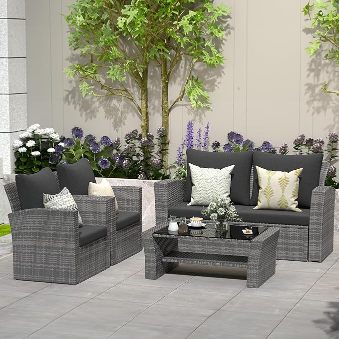 Solaste 4 Piece Outdoor Patio Furniture Set, Outdoor Sectional Sofa with Tempered Glass Coffee Table and Cushions, Wicker Rattan Patio Set for Backyard, Front Porch, Balcony, Black