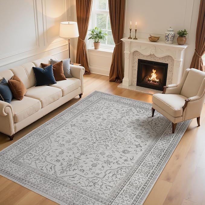 Washable Rugs 8x10 Area Rugs for Living Room,Bedroom,Dining Room- Soft Low Pile Stain-Resistant Carpet with Non-Slip Rubber Backing,Large Vintage Area Rug for Farmhouse Nursery Home Office Decor