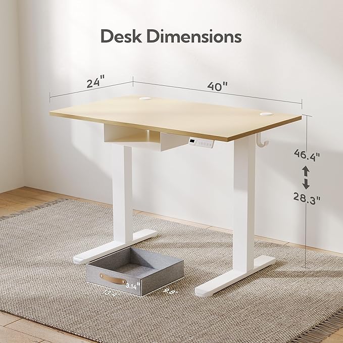 Seang Standing Desk with Drawer, 40" x 24" Height Adjustable Stand Up Desk, 3 Memory Height Settings with Cable Grommets & Storage Hooks, Ideal for Home & Office, Nature