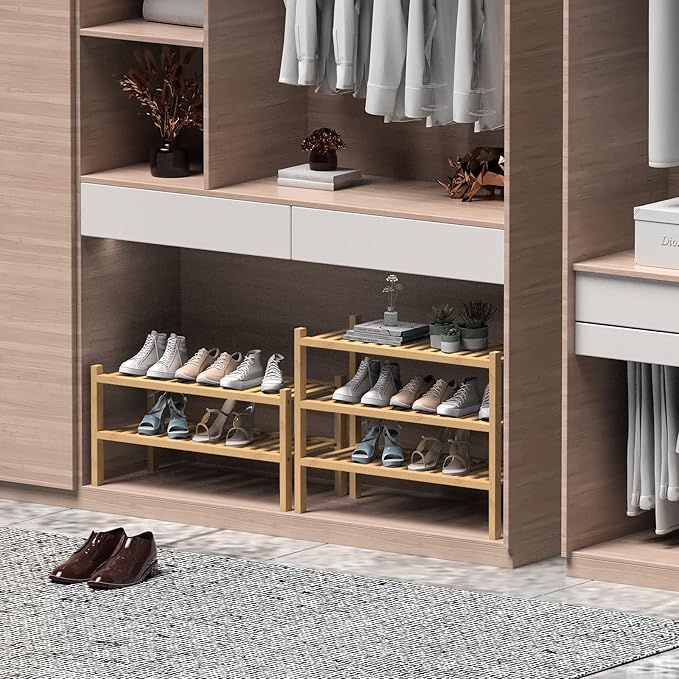 (Thick Bamboo Shoe Rack for Entryway, 3-Tier Free Standing Shoe Racks Stackable Shoe Rack Organizer for Hallway Closet Living Room 27 x12 x21 Inches