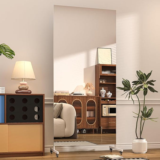 Hasipu Home Gym Mirror 360° Swivel on Wheels, 78.7" x 31.4" Extra Large Full Body Rolling Mirror for Yoga Studio, Bedroom, Dancing Studio, White