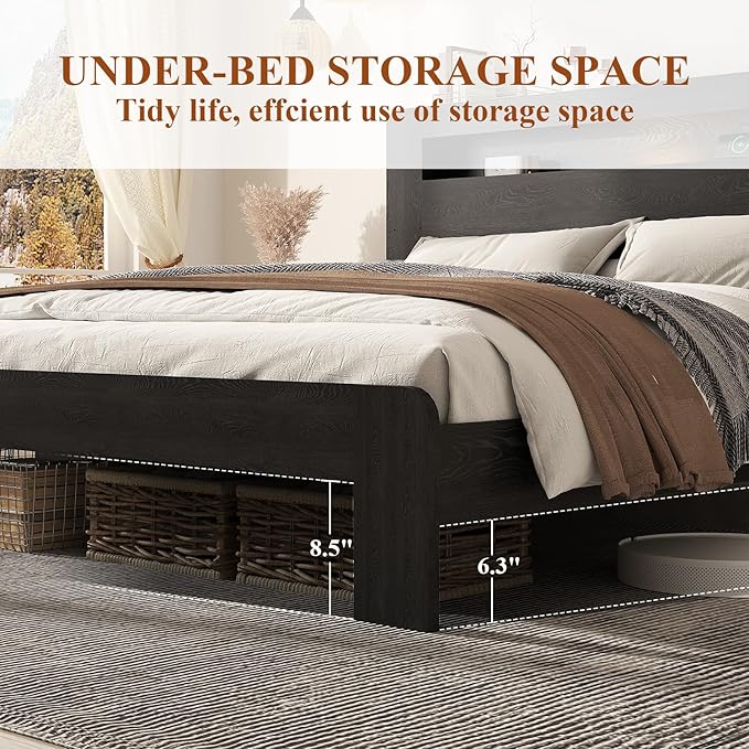 Wooden Bed Frame Queen Size with Storage Headboard - Farmhouse Platform Bed Frame with Bookcase Shelf & Led Lights, Sturdy Wood Slat Framework Bed Frame (Black LED)