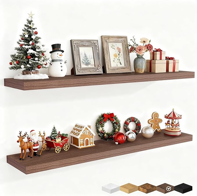 Fun Memories 48 Inch Deep Floating Shelves for Wall, 2 Pack of Long Wall Mounted Wood Shelves with Invisible Brackets for Bathroom, Bedroom, Living Room, Kitchen Decor and Storage, Walnut