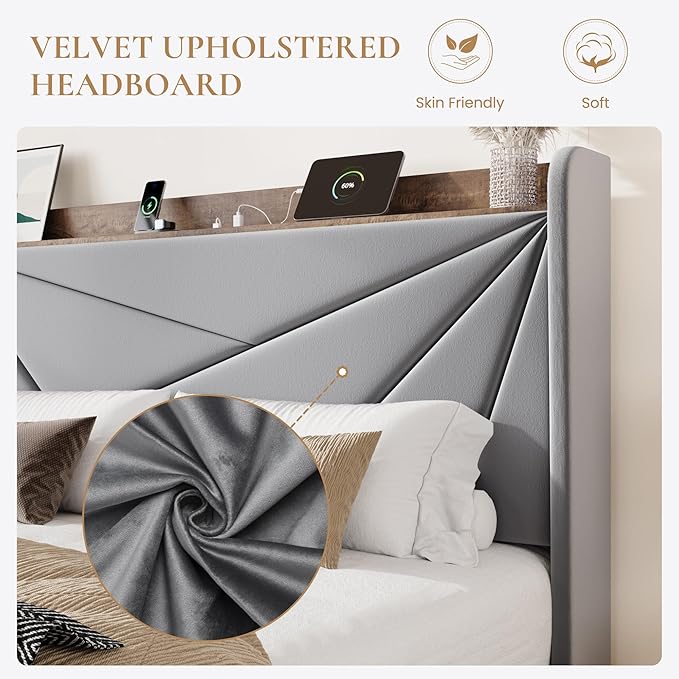 SHA CERLIN Queen Bed Frame with 3 Drawers, USB & Type-C Charging Ports, Velvet Upholstered Platform Bed with Modern Geometric Wingback Storage Headboard, No Box Spring Needed, Easy Assembly, Grey