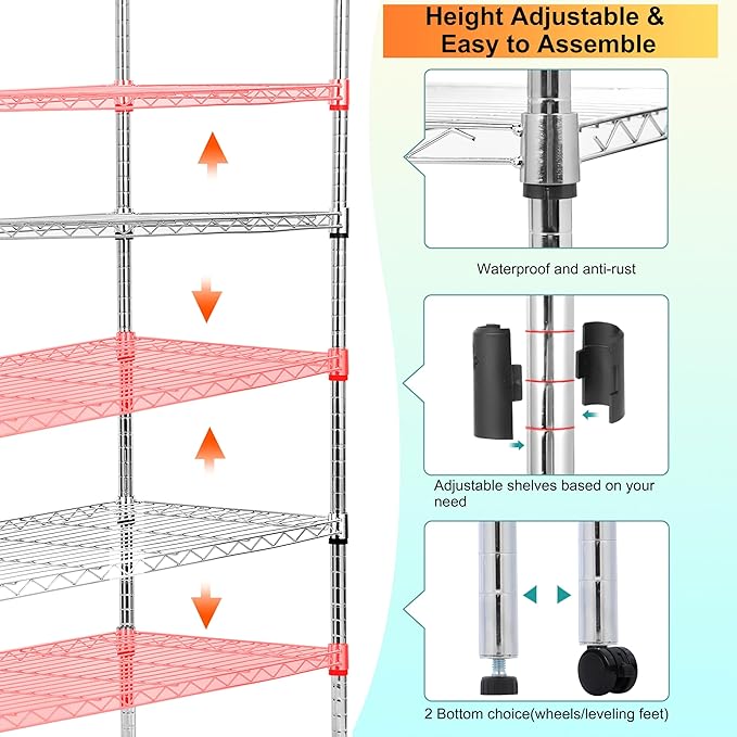 Whitmor 4 Tier Storage Shelves, Heavy Duty with Wheels, 400 lbs Capacity per Shelf, Max 1600 lbs Total, Adjustable Shelving Unit for Garage, Kitchen, Bathroom, 36" L x 18" W x 59" H, Chrome