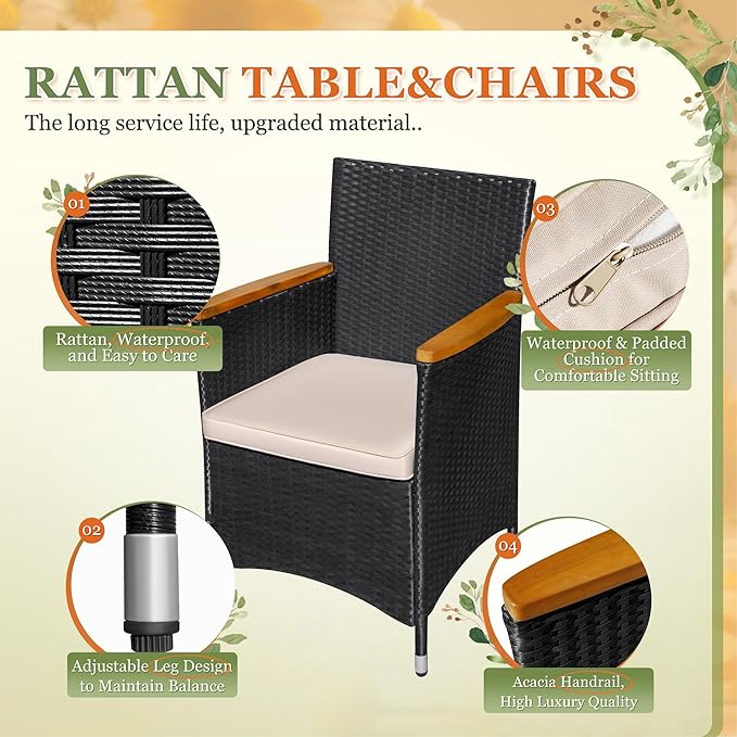 Greesum 7 Pieces Outdoor Patio Dining Set, Conversation Sets with 1 Table and 6 Rattan Chairs with Curved Acacia Wooden Armrests and Cushions, Black