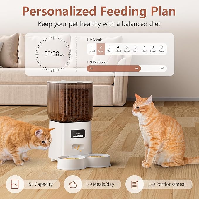 Automatic Cat Feeder, 5L Timed Cat Food Dispenser with Desiccant Bag Dual Power Supply, Automatic Pet Feeder for Small Dogs and Cats Indoor(Botton)