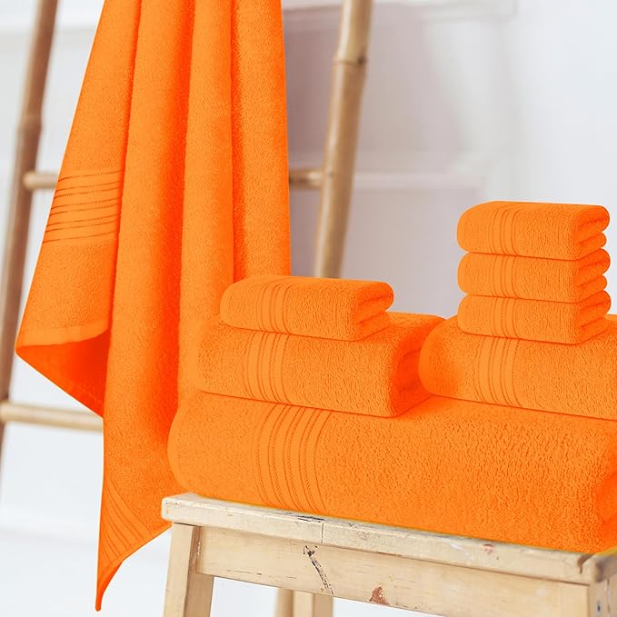 BOUTIQUO 100% Cotton Towel Set, Contains 4 Soft Bath Towel, 6 Hand Towels, 8 Wash Cloths - Compact Absorbent Lightweight & Quickdry Towels for Bathroom - 18 Piece Bathroom Towel Set - Orange