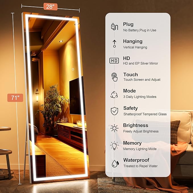 Full Length Mirror with Lights, 71" x 28" LED Lighted Floor Standing Mirror, Tempered Glass, Square White