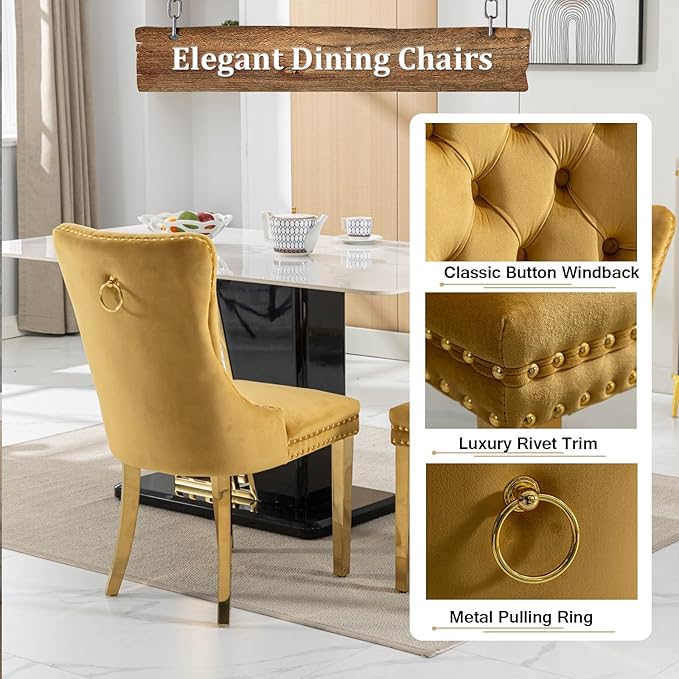 Goujxcy Round Dining Table Set for 6, Modern Glass Kitchen Table and Chairs Set of 6, 7-Piece Dining Room Table Set w/47 Circle Gold Glass Dining Table and 6 Upholstered Velvet Chairs