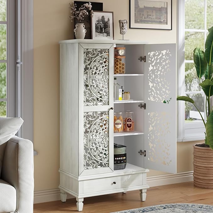 Rustic 55'' Tall Storage Cabinet with 2 Hollow-Carved Doors a Drawer, Wood Accent Cabinet with Solid Wood Legs for Living Room, Hallway, Dining Room (Grey White-T)