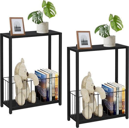 Narrow Side Tables Set of 2 with Magazine Holder, Skinny End Tables Perfect for Small Spaces, Space-Saving Design for Living Room, Bedroom, or Office, 7.1" D x 16.9" W x 23.6" H, Black