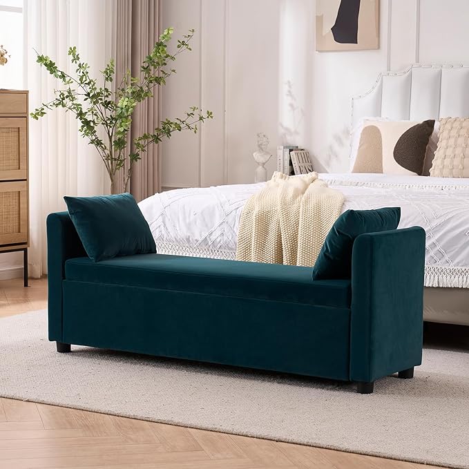 Velvet Storage Bench for Bedroom, 55" End of Bed Bench for King Size Bed, Modern Upholstered Long Ottoman Bench with Arms and 2 Pillows for Living Room/Entryway (Teal/Blue-Green)