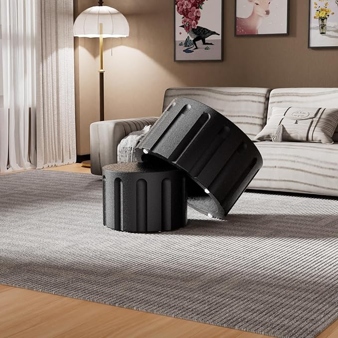 Round Nesting Coffee Table Set of 2, Round Fluted Coffee Tables for Living Room Modern Nesting End Side Tables for Small Spaces (B Black)